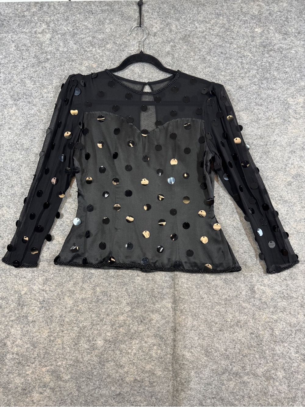 Vintage Silk Y2K Sequin Mesh Blouse Black Medium Sheer Party Evening Embellished